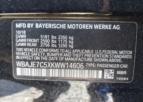 2019 BMW 540I xDrive z USA, uszkodzony, nr VIN WBAJE7C5XKWW14606